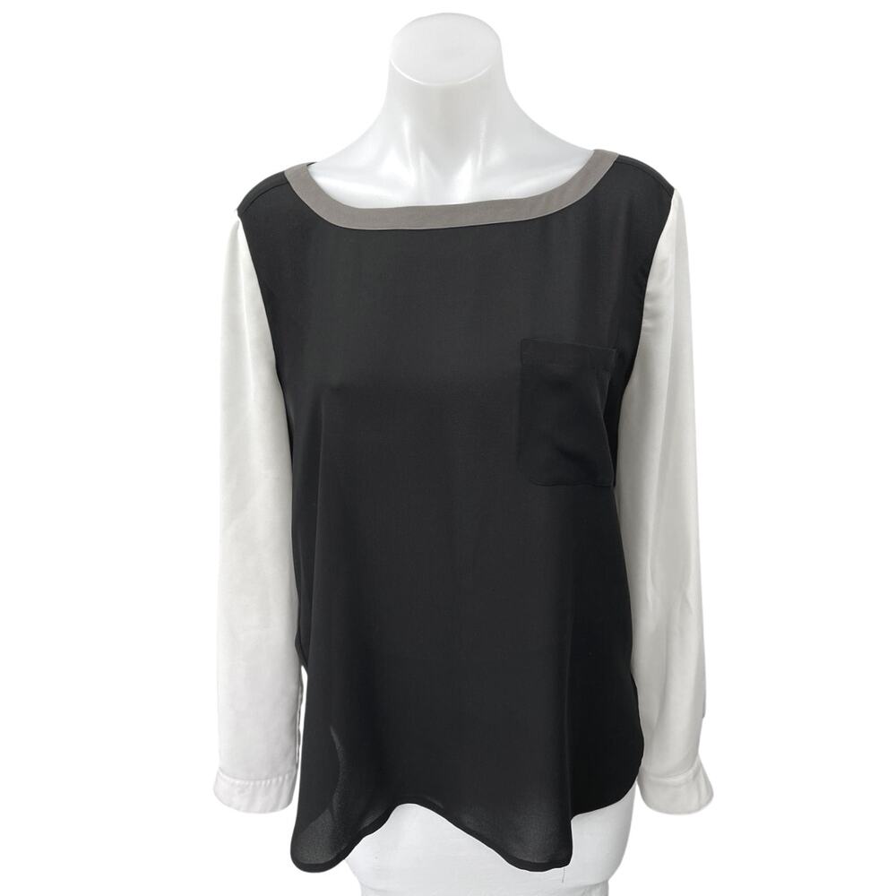 Ann Taylor Loft Black Colorblock Silk Satin Long Sleeve Shirt Blouse Top Size M